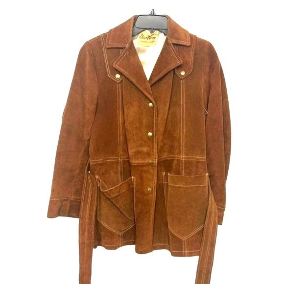 Vintage Other - 1970s Vintage Suede Leather Coat Mens Size 34 Womens Medium Brown Belted